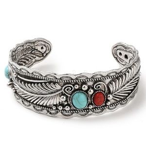 Adjustable‎ Southwestern Turquoise, Red & Silver Feather Cuff Bracelet